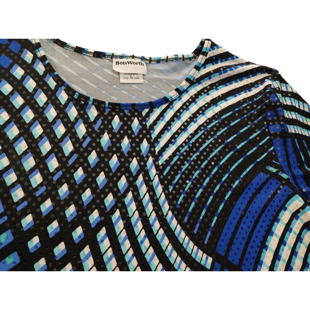 Bon Worth Sequined Tunic Top Stretch Blue Black Geometric Pattern Womens Large